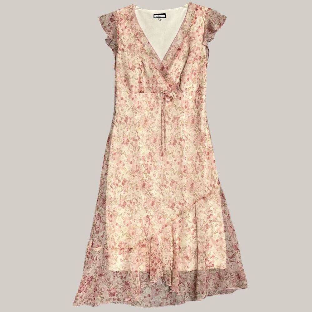 Believe Vintage Y2K Babydoll Sheer Dress 6 Pink Floral Asymmetric Fairycore Midi